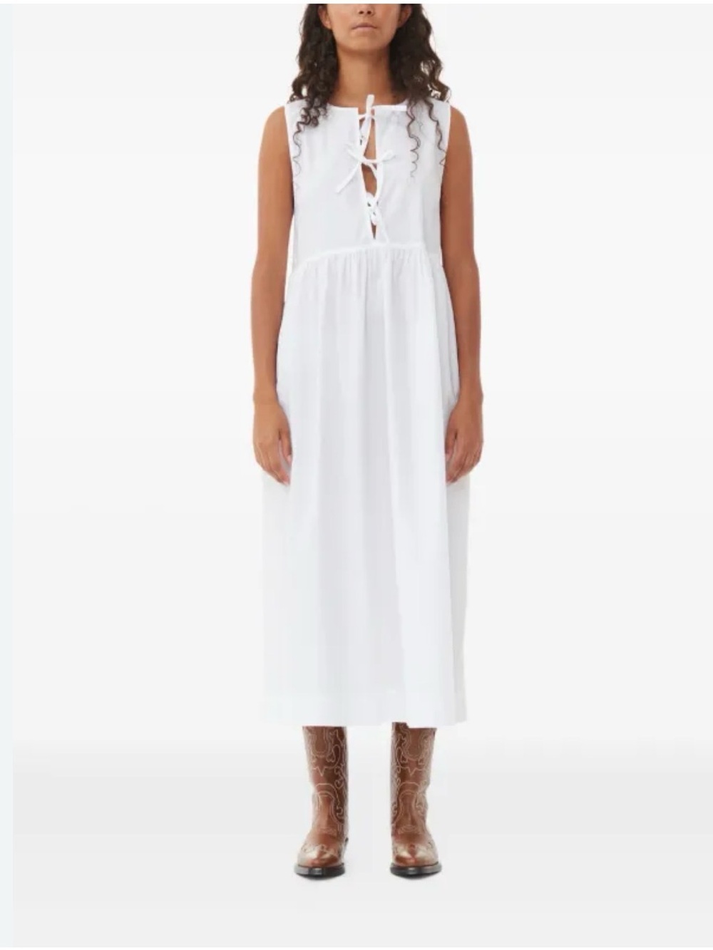 GANNI White Tie-Front Sleeveless Midi Dress | Size M